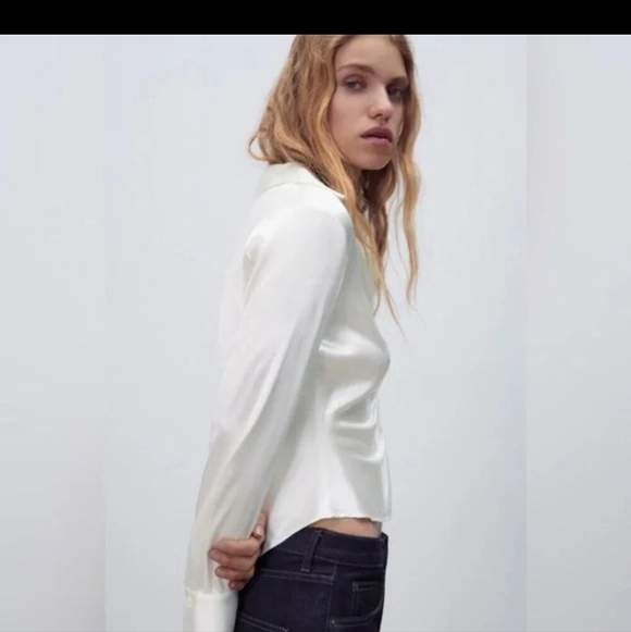 NWT Zara Button Down Ruched Satin Effect Shirt LARGE - Picture 2 of 8